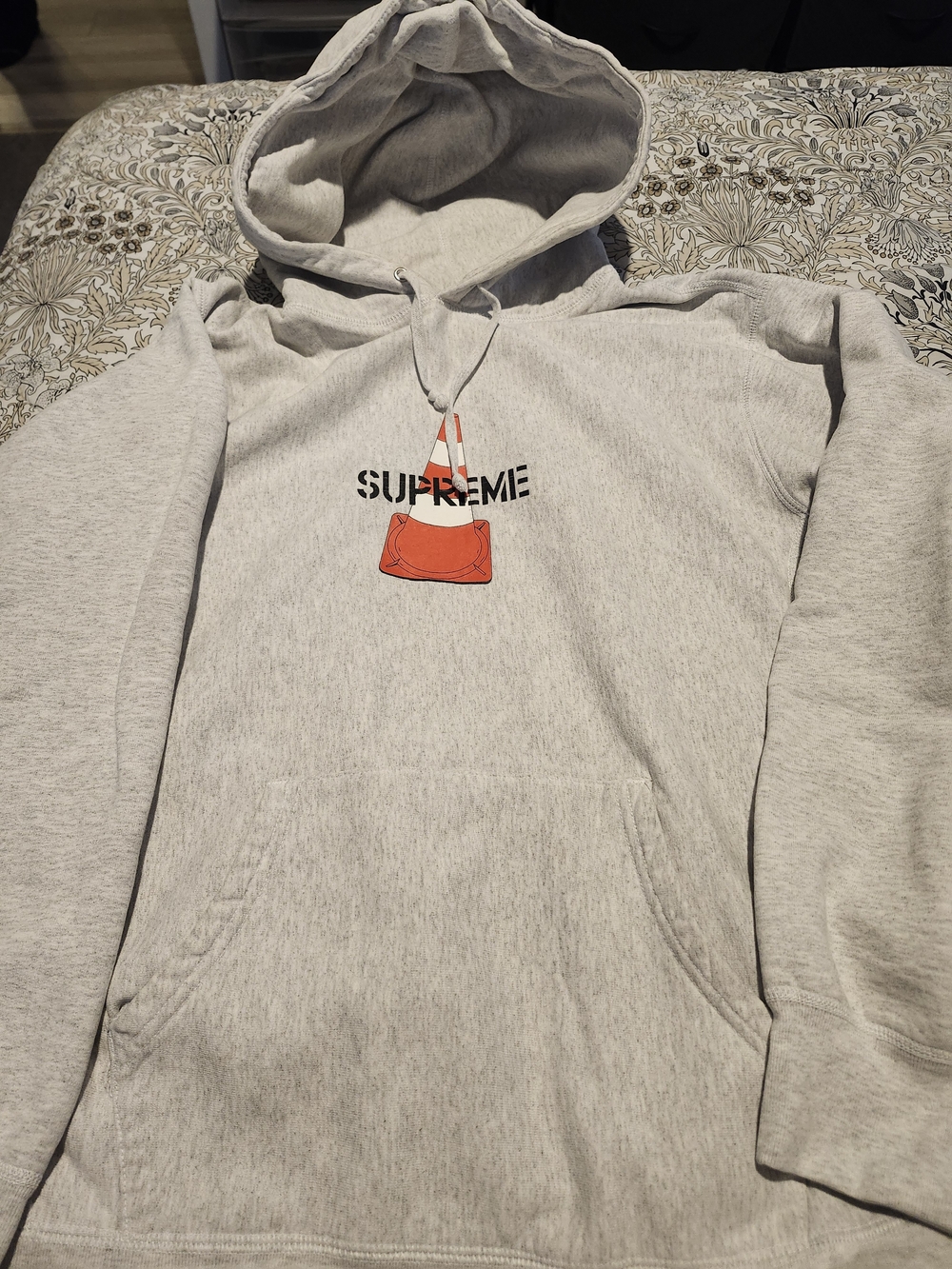 Supreme Light Gray Crewneck Hoodie with Orange Cone Graphic